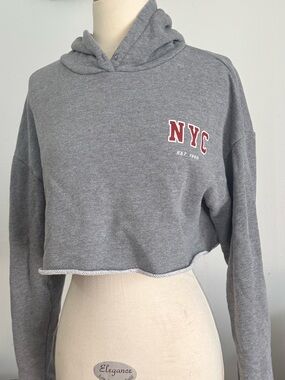 NYC Heather Gray Cropped Hoodie with Red Lettering